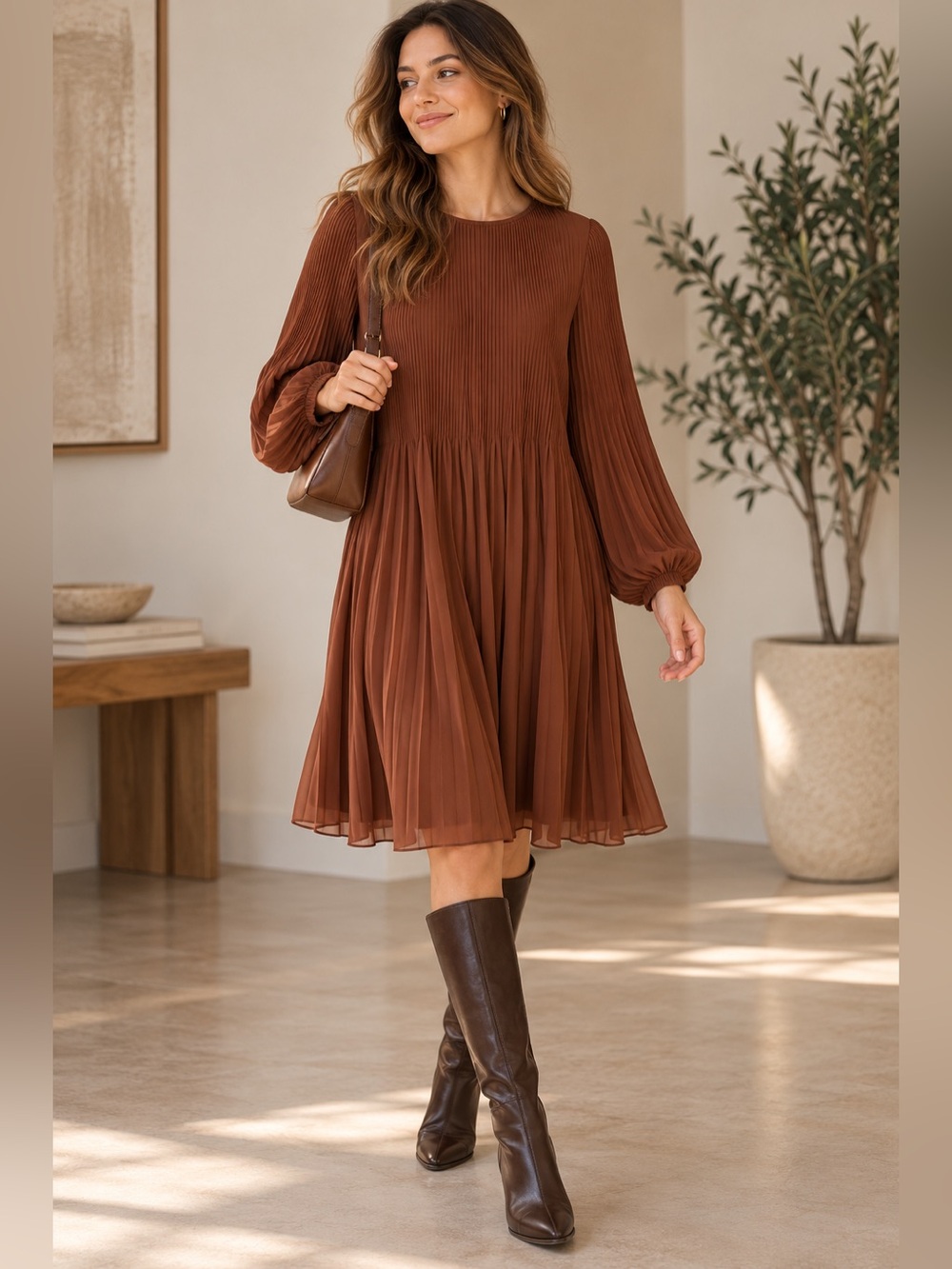Aritzia Wilfred Brown Accordion Pleated Midi Dress Balloon Sleeve Size S